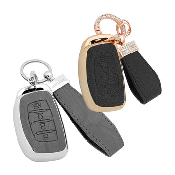 Keyzone Combo Pack – Woodgrain & Litchi Leather TPU Key Covers & Keychain (WDTP67 & BLTP67) for Alcazar, Creta 4 Button Smart Key