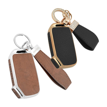 Keyzone Combo Pack – Woodgrain & Litchi Leather TPU Key Covers & Keychain (WDTP77 & BLTP77) for Kia Carens Clavis, Seltos, Sonet 2023 Onwards 4 Button Smart Key