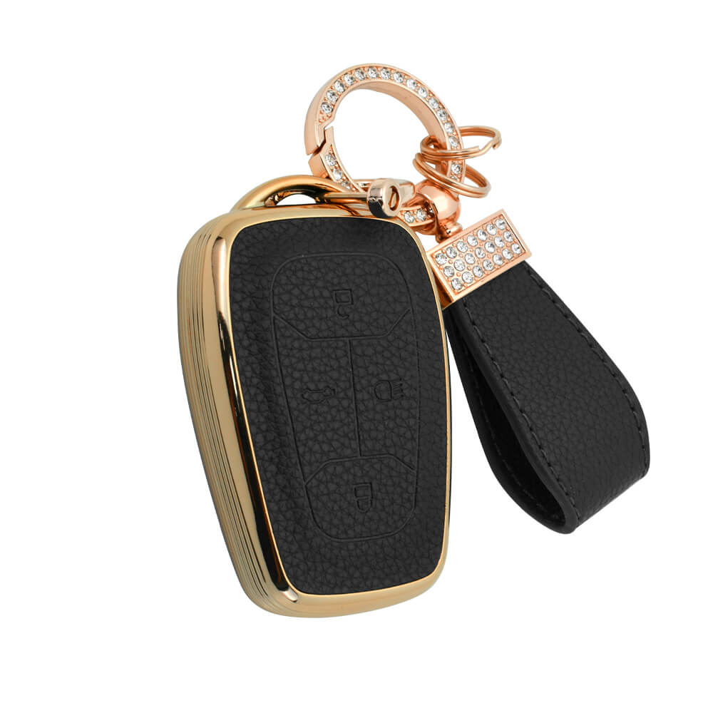Keyzone litchi leather textured TPU key cover & keychain for Nexon, Harrier, Safari, Altroz, Punch, Tigor smart key (BLTP08)