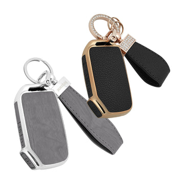 Keyzone Combo Pack – Woodgrain & Litchi Leather TPU Key Covers & Keychain (WDTP79 & BLTP79) for Seltos, Sonet, Carens 3 Button Smart Key