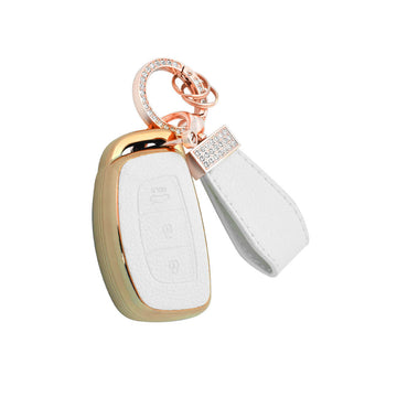 Keyzone litchi leather textured TPU key cover & keychain for Exter, Creta, i20, Aura, Xcent, Tucson, Elantra, Verna, Grand i10 3 Button Smart Key (BLTP07)