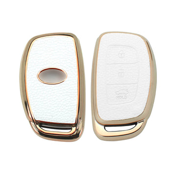 Keyzone litchi leather textured TPU key cover & keychain for Exter, Creta, i20, Aura, Xcent, Tucson, Elantra, Verna, Grand i10 3 Button Smart Key (BLTP07)