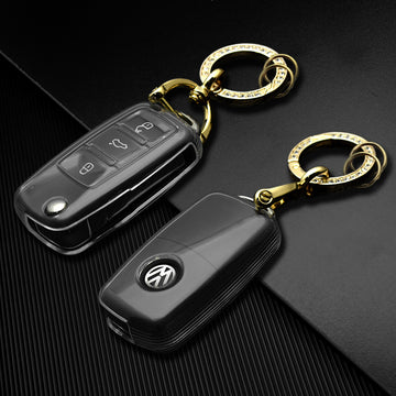 Keyzone clear TPU key cover and diamond keychain compatible for Polo, Vento, Jetta, Ameo 3 button flip key (CLTP13+KH08) - Keyzone