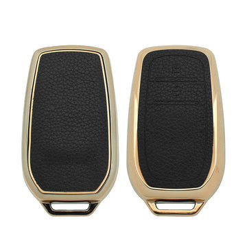 Keyzone litchi leather textured TPU key cover & keychain for Innova Crysta, Innova HyCross, Hilux 2 button smart key (BLTP18_2b)