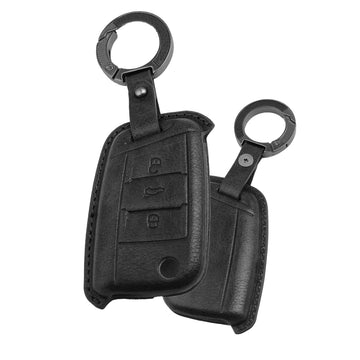Keyzone Vintage Leather Car Key Cover for Virtus, Kylaq, Slavia, Kodiaq, Kushaq, Taigun, Tiguan, Octavia, Jetta, Superb, Karoq, T-ROC 3 Button Flip Key (VL44)