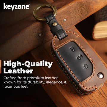 Keyzone dual leather key cover for Tata Curvv, Nexon, Harrier, Altroz, Punch, Safari, Tigor, Tiago, Zest, Bolt 3 button flip key (KDL29)
