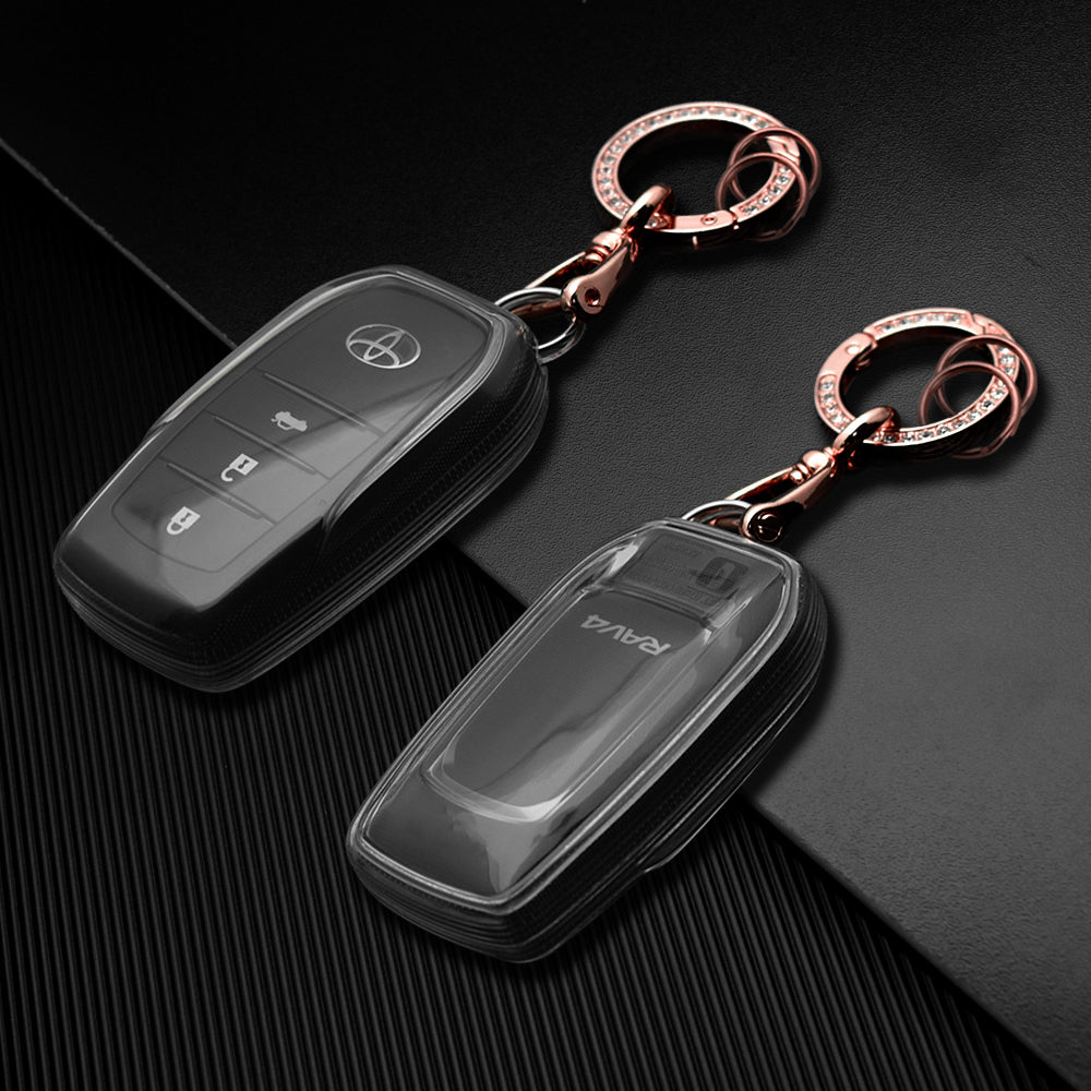 Keyzone clear TPU key cover and diamond keychain compatible for: Invicto, Innova Crysta, Innova HyCross, Fortuner, Hilux, Fortuner Legender 2/3 button smart key (CLTP18+KH08) - Keyzone