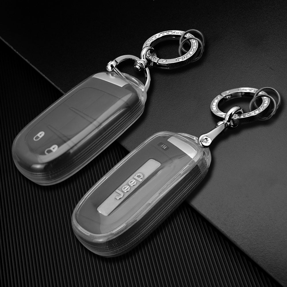 Keyzone clear TPU key cover and diamond keychain compatible for Jeep Compass, Trailhawk smart key (CLTP28+KH08) - Keyzone
