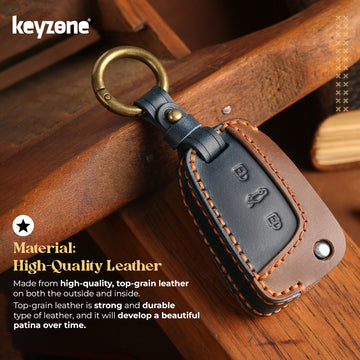 Keyzone dual leather key cover for Virtus, Kylaq, Slavia, Kodiaq, Kushaq, Taigun, Tiguan, Octavia, Jetta, Superb, Karoq, T-Roc 3 button flip key (KDL44)