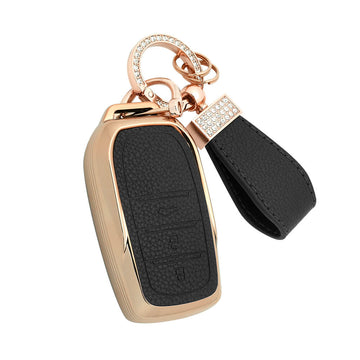 Keyzone litchi leather textured TPU key cover & keychain for Fortuner, Legender, Land Cruiser, Suzuki Invicto 3 button smart key (BLTP18_3b)