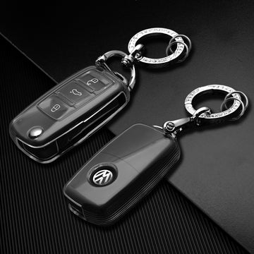 Keyzone clear TPU key cover and diamond keychain compatible for Polo, Vento, Jetta, Ameo 3 button flip key (CLTP13+KH08)