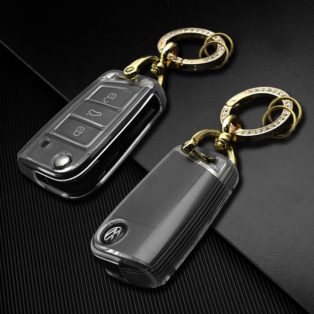 Keyzone clear TPU key cover and diamond keychain fit for: Virtus, Tiguan, T-Roc, Taigun, New Jetta 3 Button Flip Key (CLTP44+KH08) - Keyzone