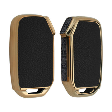 Keyzone litchi leather textured TPU key cover & keychain for Kia Carens Clavis, Seltos, Sonet 2023 onwards 4 button smart key (BLTP77)