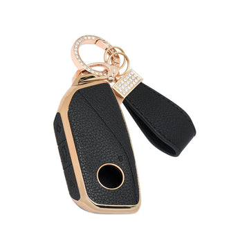 Keyzone litchi leather textured TPU key cover & keychain for BMW 2023 New 7 Series 740i 760i X1 X7 XM IX I7, X5 smart key (BLTP83)