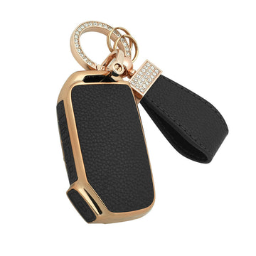 Keyzone litchi leather textured TPU key cover & keychain for Kia Carens Clavis, Seltos, Sonet 2023 onwards 4 button smart key (BLTP77)