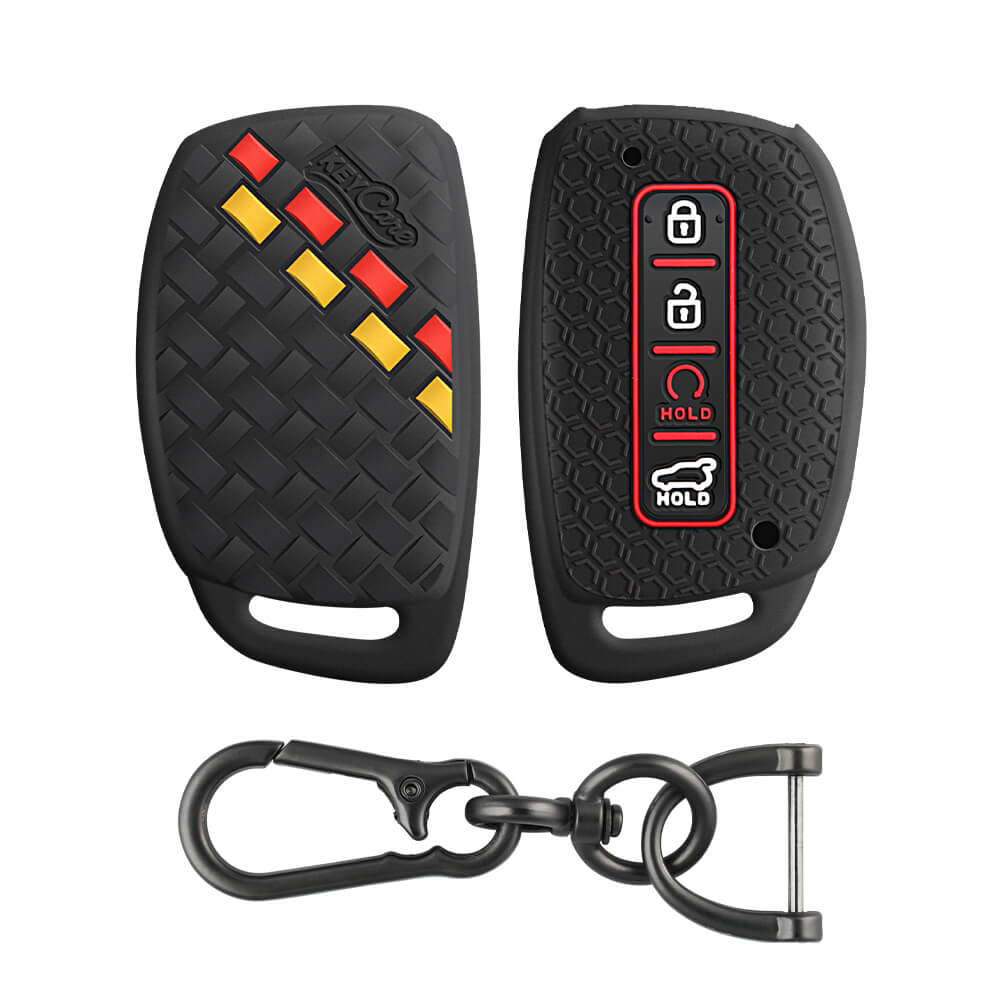 Keycare DE series silicone key cover and keyring fit for : Alcazar and Creta 2021 4 button smart key (DE-67, Zinc Alloy keyring) - Keyzone