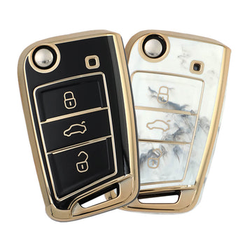 Keyzone pack of 2 TPU key cover for Skoda : Octavia, Karoq, Superb, Kodiaq, Slavia 3 button Flip Key (TP44-pack of 2)