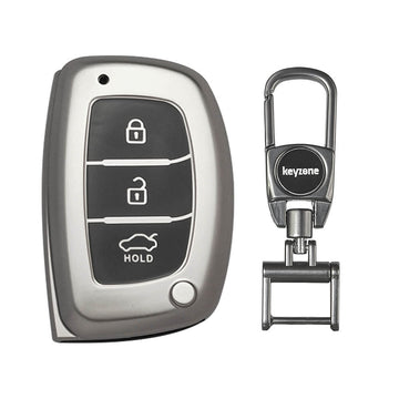 Keyzone TPU key Cover & metal alloy key holder fit for i20 Creta Grand i10 Xcent Tucson Aura Xcent Verna Elantra Exter 3 button smart key (GMTP07, MAH Key Holder)