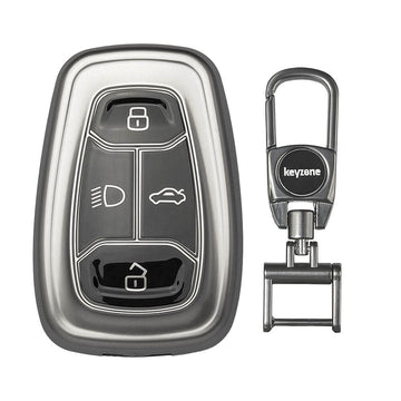 Keyzone® TPU Key Cover & metal alloy key holder for: Nexon, Harrier, Safari, Altroz, Tigor, Punch Smart Key (GMTP08, MAH KeyHolder)