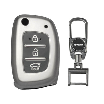 Keyzone® TPU Key Cover & metal alloy key holder for: i20, Creta, Venue, Alcazar, Grand i10, Tucson, Aura, Xcent, Exter flip Key (GMTP10, MAH Key Holder)