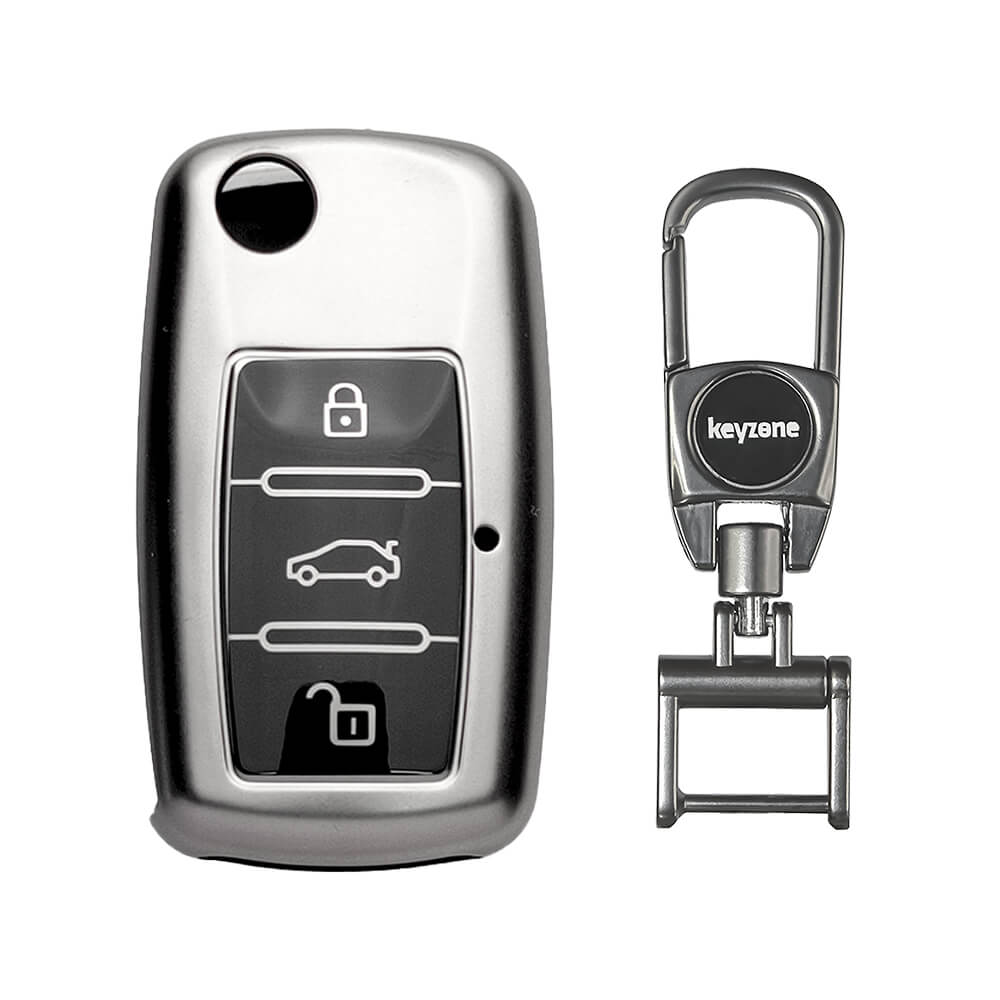 Keyzone TPU key cover & metal alloy key holder fit for Skoda/ Volkswagen 3 button flip key (GMTP13, MAH Key Holder)