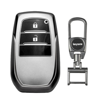 Keyzone TPU Key Cover & metal alloy key holder for Toyota Innova Crysta, Innova HyCross, Hilux 2 Button Smart Key (GMTP18_2b, MAH KeyHolder)