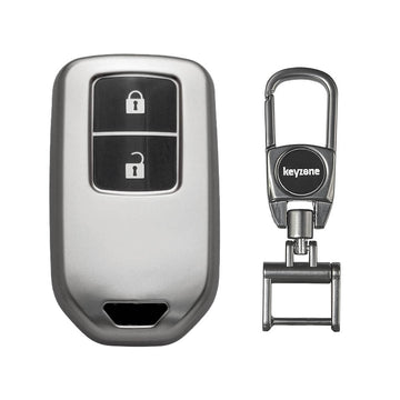 Keyzone TPU Key Cover & metal alloy key holder for Honda Elevate, City, Jazz, Amaze 2 Button Smart Key (GMTP24_2b, MAH KeyHolder)