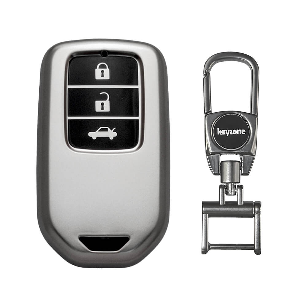 Keyzone TPU car key cover & metal alloy key holder for Honda City, Civic, Jazz, Amaze, CR-V, BR-V, WR-V with 3 button smart key (GMTP24_3b, MAH KeyHolder)