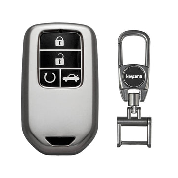 Keyzone TPU key Cover & metal alloy key holder for City, Civic, Amaze, CR-V, BR-V,WR-V 4 button smart key (GMTP24_4b, MAH KeyHolder)