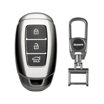 Keyzone TPU car Key Cover & metal alloy key holder for Hyundai i20, Verna, Kona 3 Button Smart Key (GMTP41, MAH KeyHolder)
