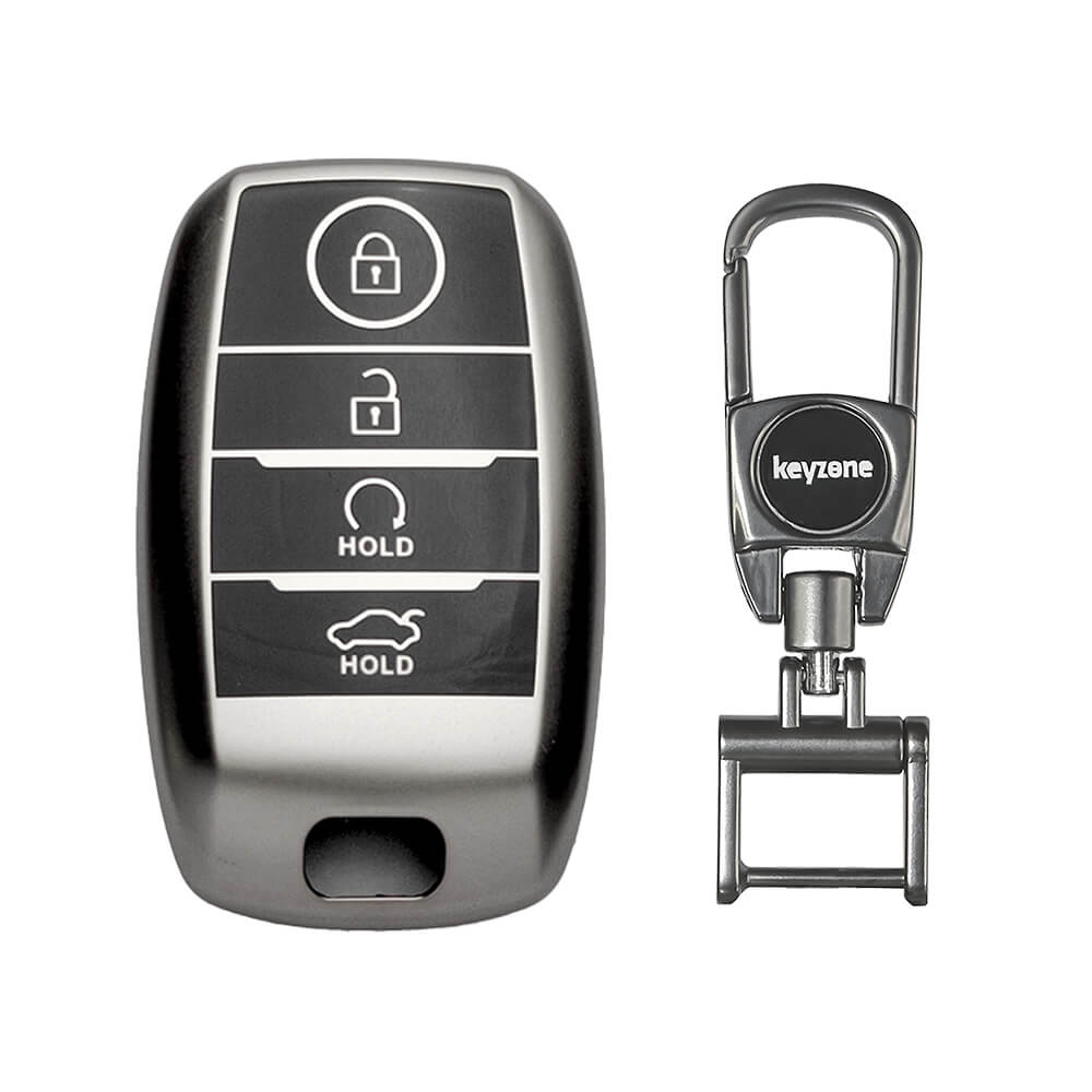 Keyzone® TPU Key Cover & metal alloy key holder for Kia Sonet, Carens, Seltos, Seltos X-line 4 button Smart Key (GMTP61, MAH KeyHolder)
