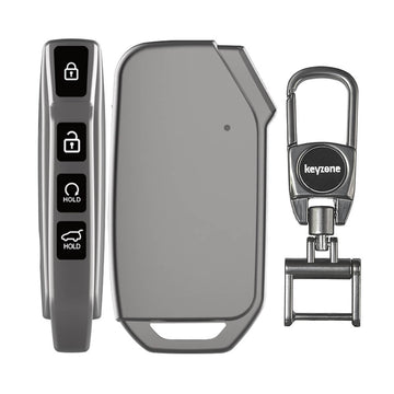 Keyzone TPU key Cover & metal alloy key holder for Kia Seltos, Sonet 2023 onwards 4 button smart key (GMTP77, MAH KeyHolder)
