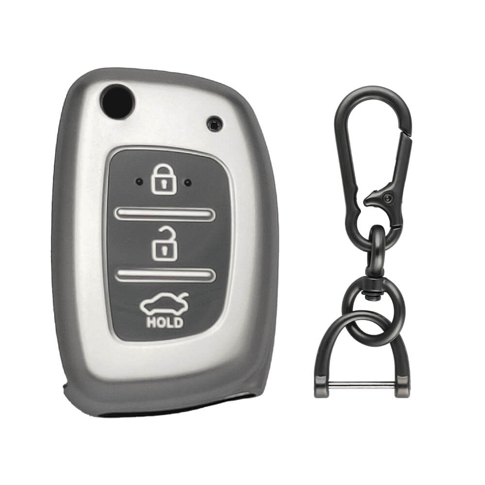 Keyzone® TPU Key Cover & zinc alloy key holder for: i20, Creta, Venue, Alcazar, Grand i10, Tucson, Aura, Xcent, Exter flip Key (GMTP10, Zinc Alloy)