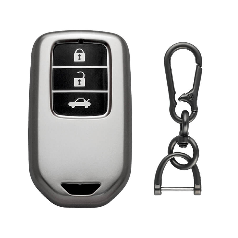 Keyzone TPU car key cover & zinc alloy key holder for Honda City, Civic, Jazz, Amaze, CR-V, BR-V, WR-V with 3 button smart key (GMTP24_3b, zinc alloy)