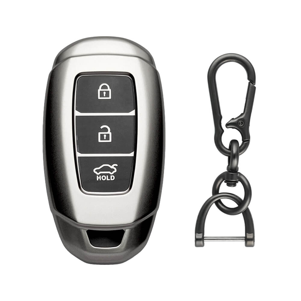 Keyzone TPU car Key Cover & zinc alloy key holder for Hyundai i20, Verna, Kona 3 Button Smart Key (GMTP41, zinc alloy)