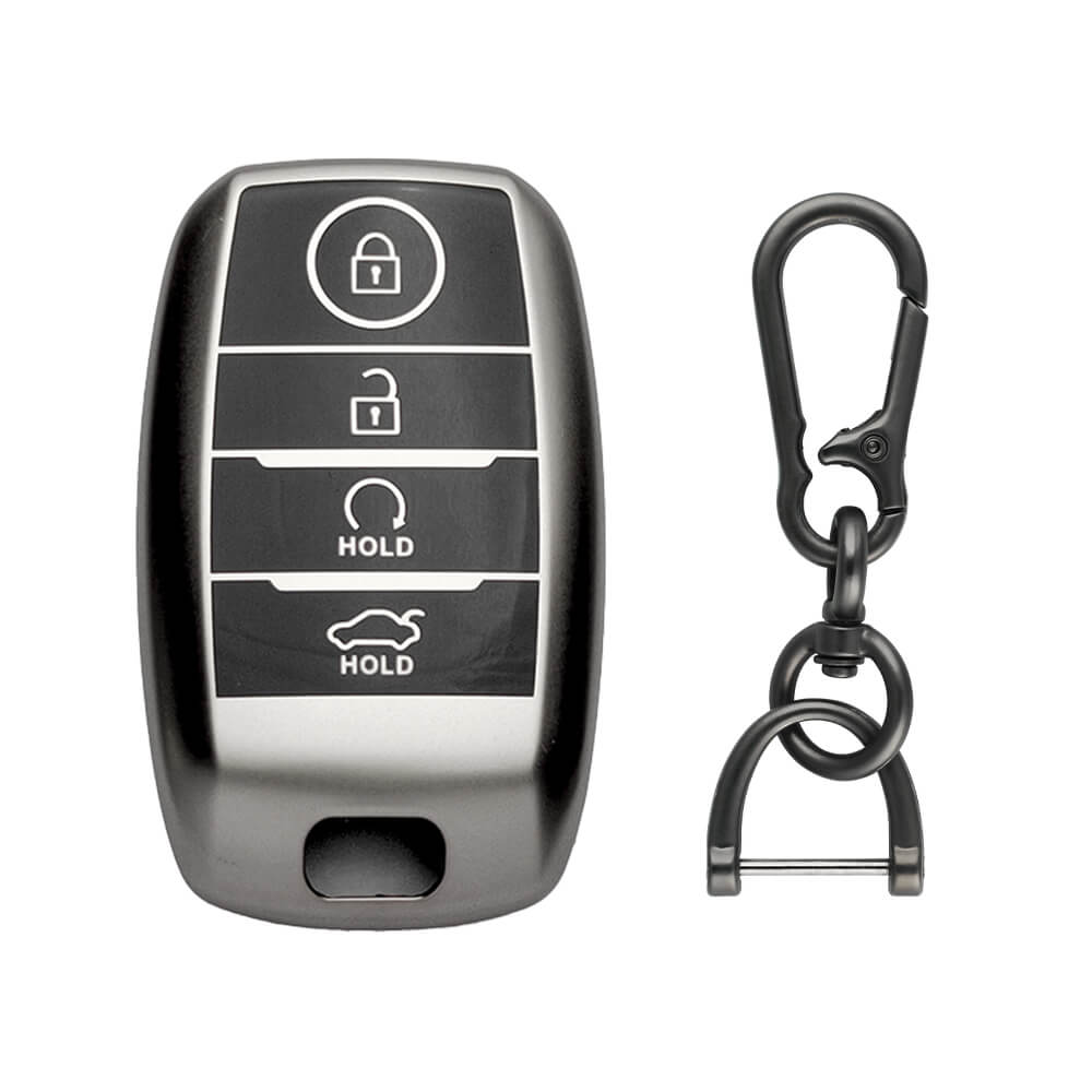 Keyzone® TPU Key Cover & zinc alloy key holder for Kia Sonet, Carens, Seltos, Seltos X-line 4 button Smart Key (GMTP61, zinc alloy)