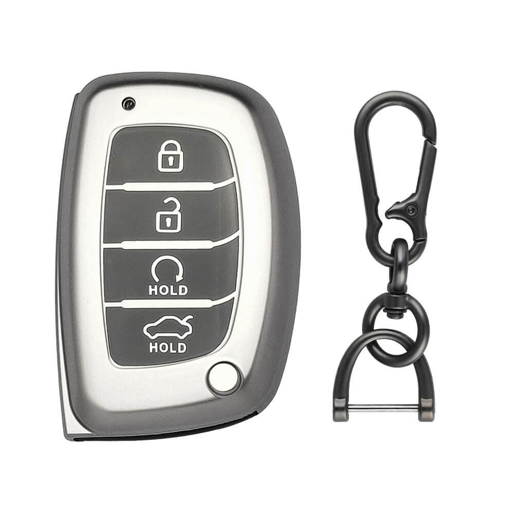 Keyzone® TPU Key Cover & zinc alloy key holder for Alcazar, Creta 2021 Onwards 4 Button Smart Key (GMTP67, zinc alloy)