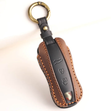 Keyzone dual leather key cover for Porsche 911, Cayenne, Panamera, Taycan 3 button smart key (KDL_PorscheNewSmart)