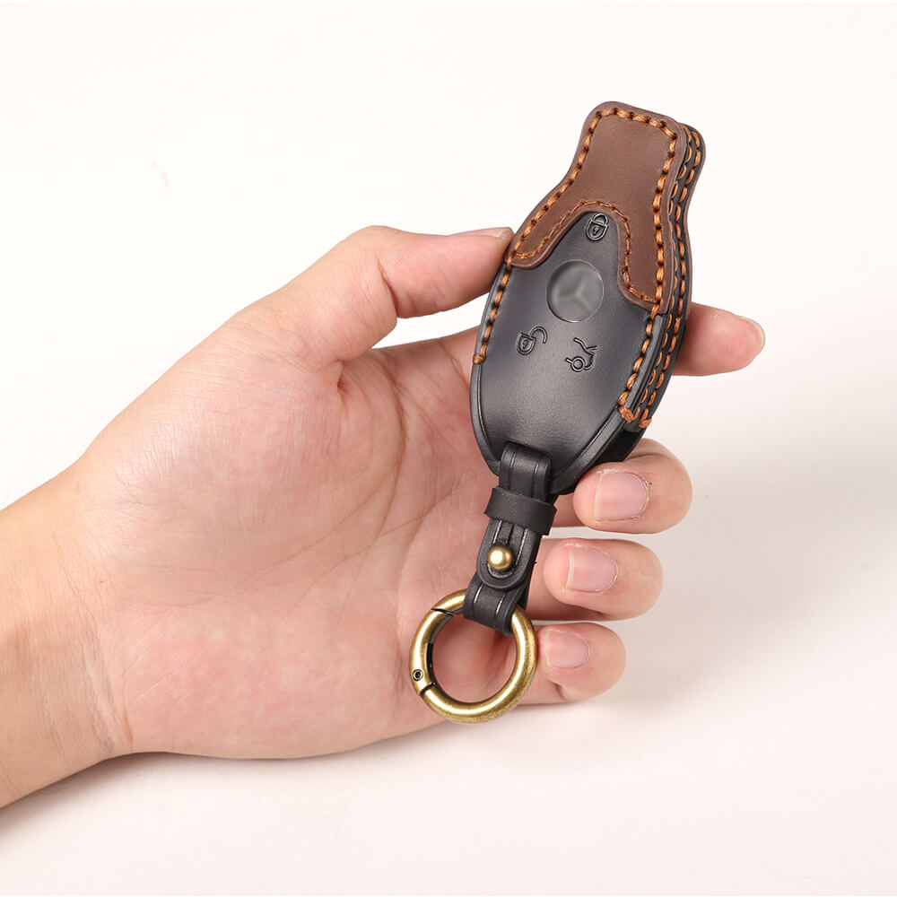 Keyzone dual leather key cover for Mercedes Benz: C E M S CLS CLK GLK GLC G Class 3 button smart key (KDL54_3b)