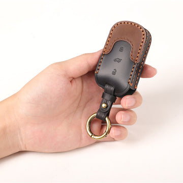 Keyzone dual leather key cover for Thar, Scorpio, Bolero, XUV700, XUV400, XUV300, TUV300, Marazzo 3 button flip key (Push button start models only) (KDL09)
