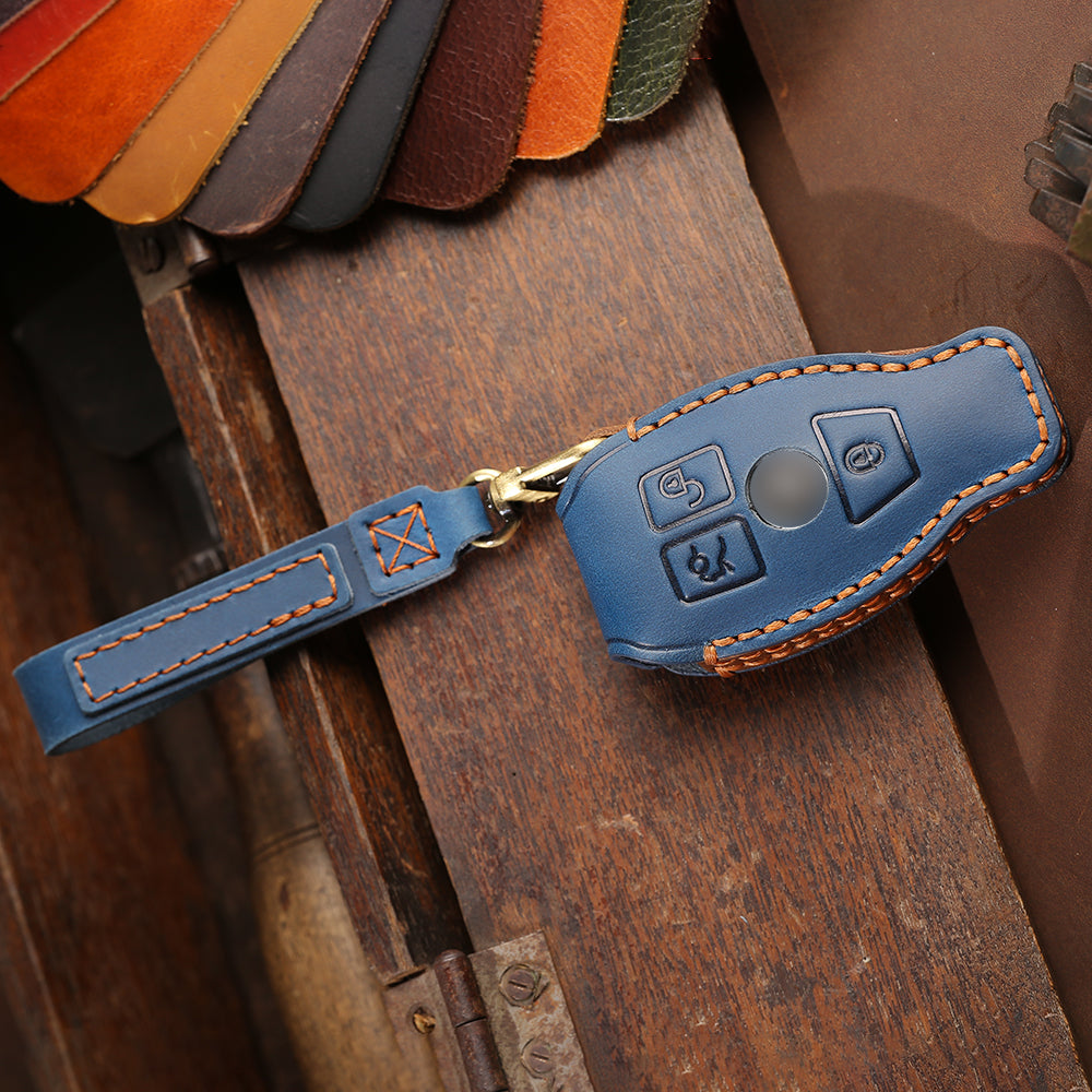 Keyzone leather key cover for Mercedes Benz: C E M S CLS CLK GLK GLC G Class 3 button smart key (KZL54_3b) - Keyzone