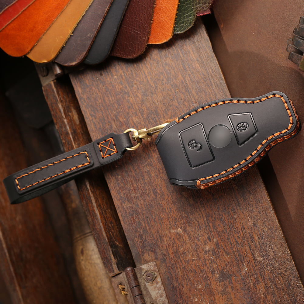 Keyzone leather key cover for Mercedes Benz: C E M S CLS CLK GLK GLC G Class 2 button smart key (KZL54_2b) - Keyzone