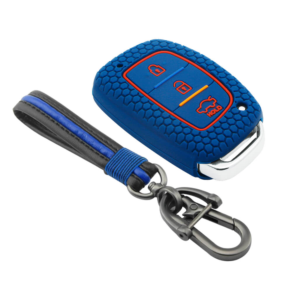 Keycare silicone key cover and keychain fit for : Exter, Creta, Elite I20, Active I20, Aura, Verna 4s, Xcent, Tucson, Elantra 3 button smart key (KC-07, Full leather keychain) - Keyzone
