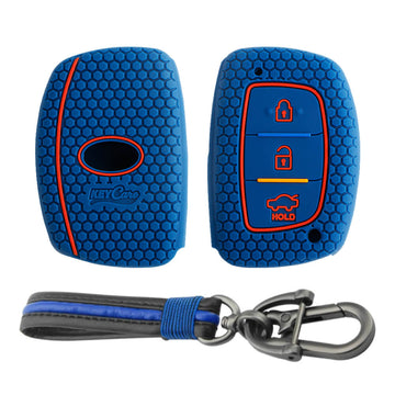 Keycare silicone key cover and keychain fit for : Exter, Creta, Elite I20, Active I20, Aura, Verna 4s, Xcent, Tucson, Elantra 3 button smart key (KC-07, Full leather keychain) - Keyzone