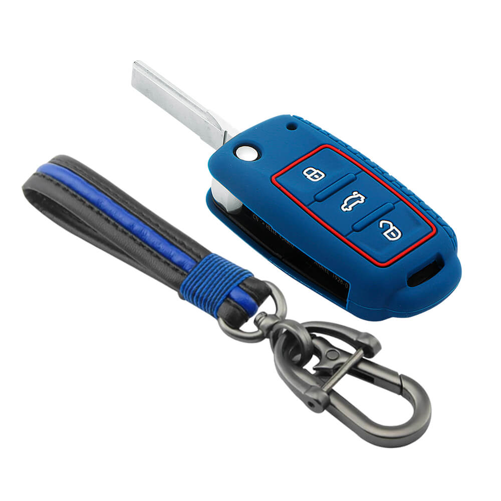 Keycare silicone key cover and keychain fit for : Polo, Vento, Jetta, Ameo 3b flip key (KC-13, Full leather keychain) - Keyzone