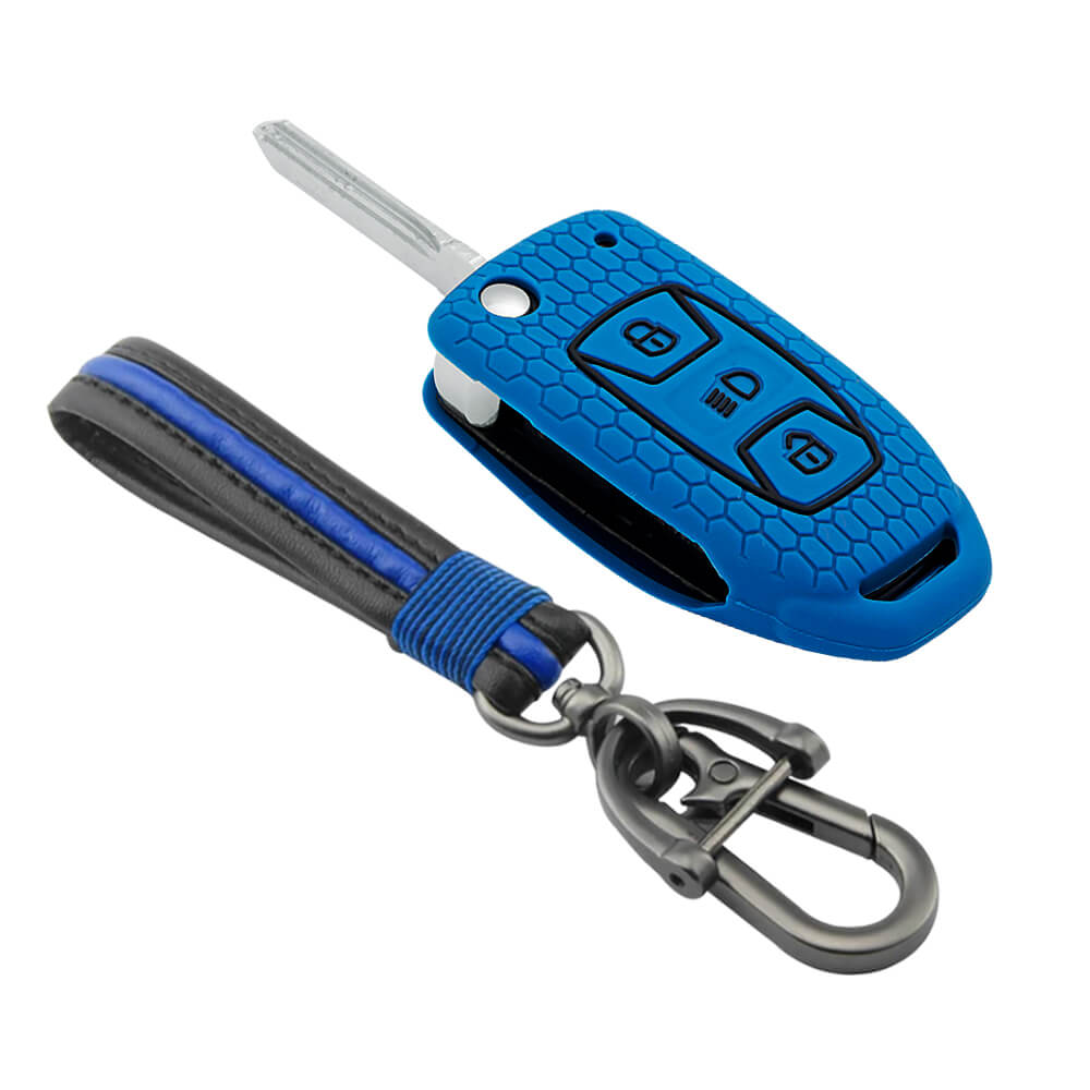 Keycare silicone key cover and keychain fit for : Tata Zest, Bolt, Tigor, Hexa, Tiago, Zica, Safari Storme, Nexon, Harrier, flip key (KC-29, Full leather keychain) - Keyzone