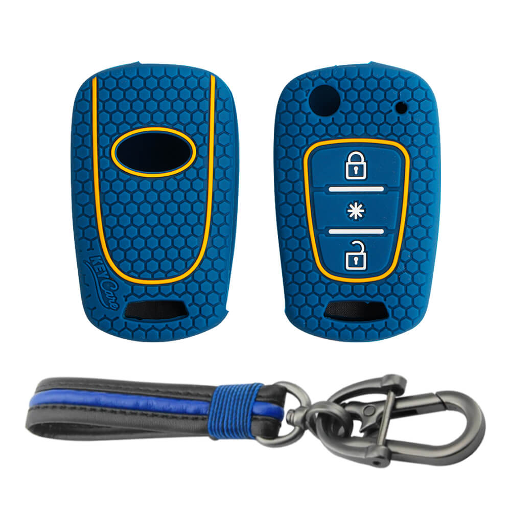 Keycare silicone key cover and keyring fit for : Verna Fluidic, I10, Old I20 (2007-2011) flip key (KC-45, Full Leather Keychain) - Keyzone