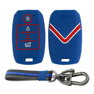Keycare silicone key cover and keychain fit for : Sonet, Seltos 2020, Carens, Seltos X-line 4 button smart key (KC-61, Full leather keychain) - Keyzone