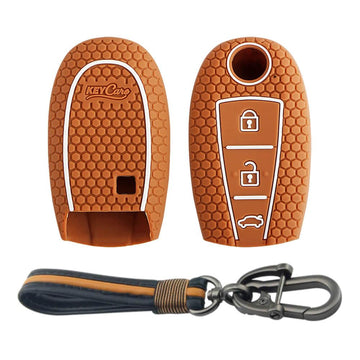Keycare silicone key cover and keychain fit for : Ciaz, Baleno, S-cross, Vitara Brezza, Ignis, Swift, Ertiga 3b smart key (KC-04, Full leather keychain)