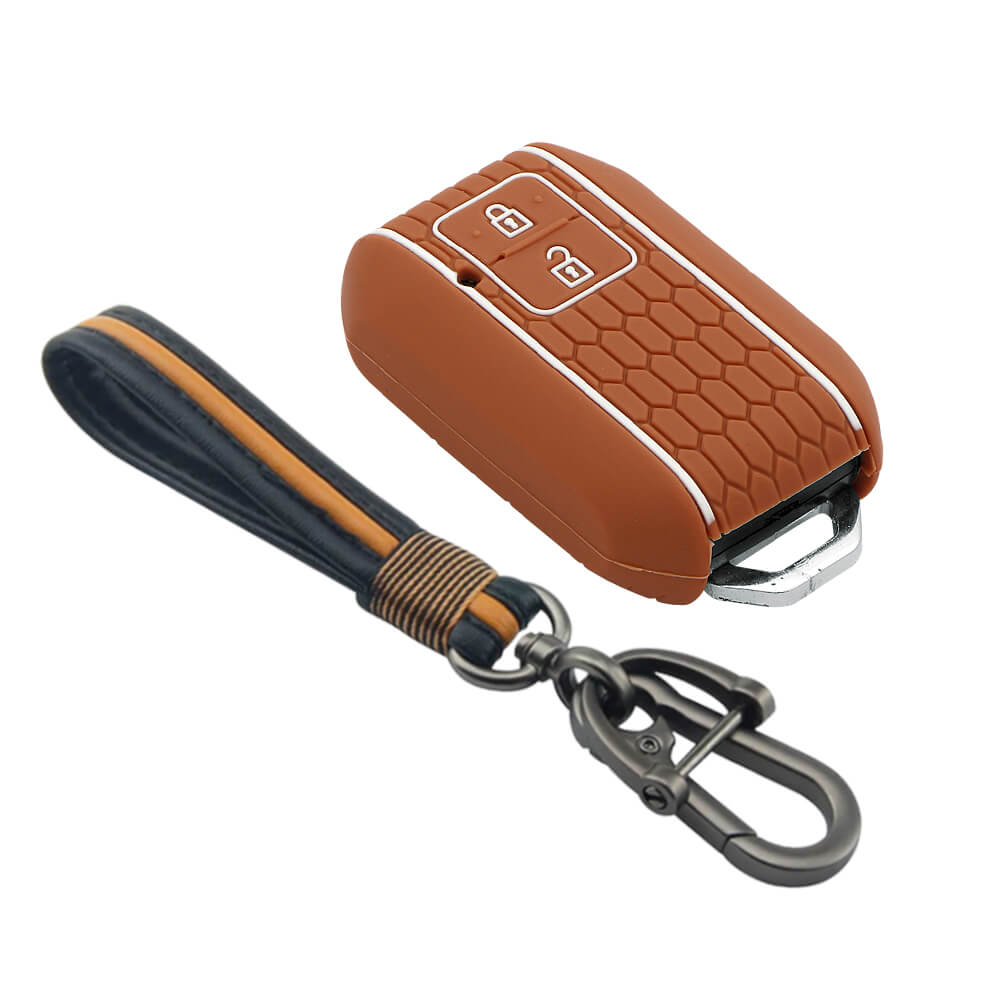 Keycare silicone key cover and keychain fit for : Glanza, Urban Cruiser Hyryder, Rumion 2 button smart key (KC-05, Full leather keychain) - Keyzone